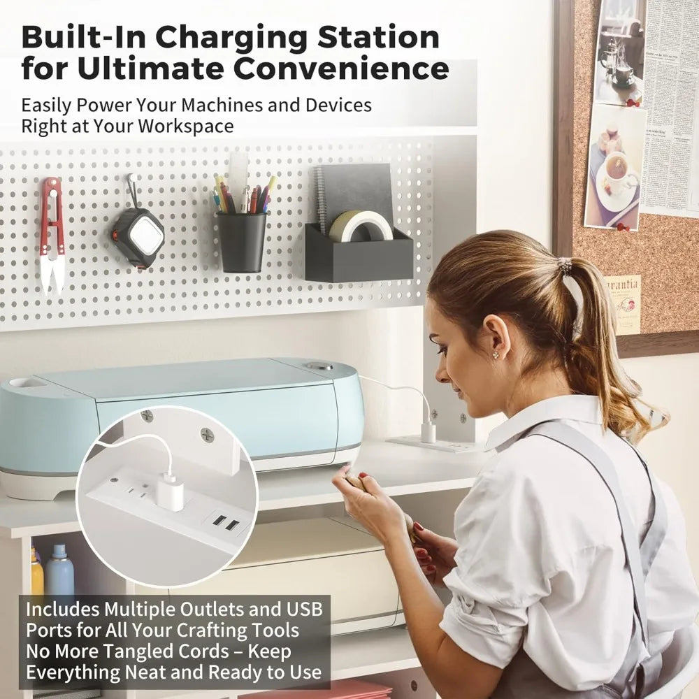 Craft Table with Power Outlet and Storage