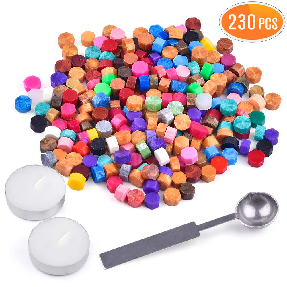 230PCS Assorted Colors Wax Beads with Melting Spoon and Candle