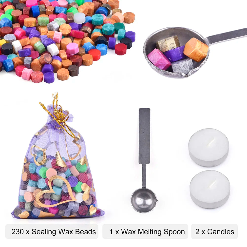 230PCS Assorted Colors Wax Beads with Melting Spoon and Candle