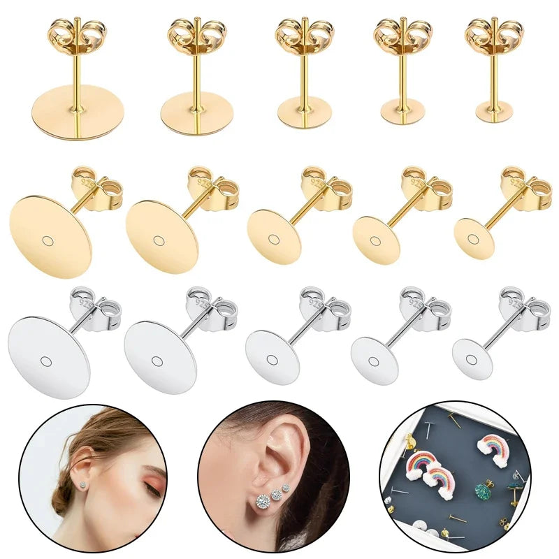 50pcs Gold/Silver Stainless Steel Earring Stud Blanks