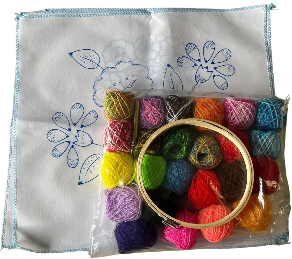 Embroidery Kit with 4 Napkins, 24 Floss Colors, Needle & Hoop
