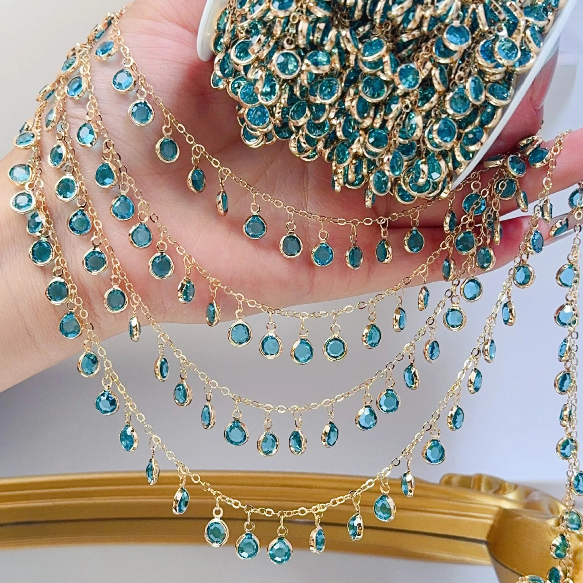 Lake Blue Glass Pendant Tassel Chain